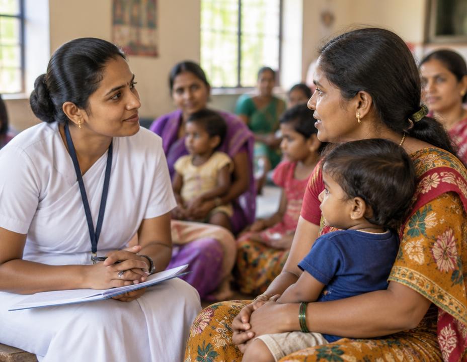 A community health worker listening attentively to a mother holding a toddler during a village health session