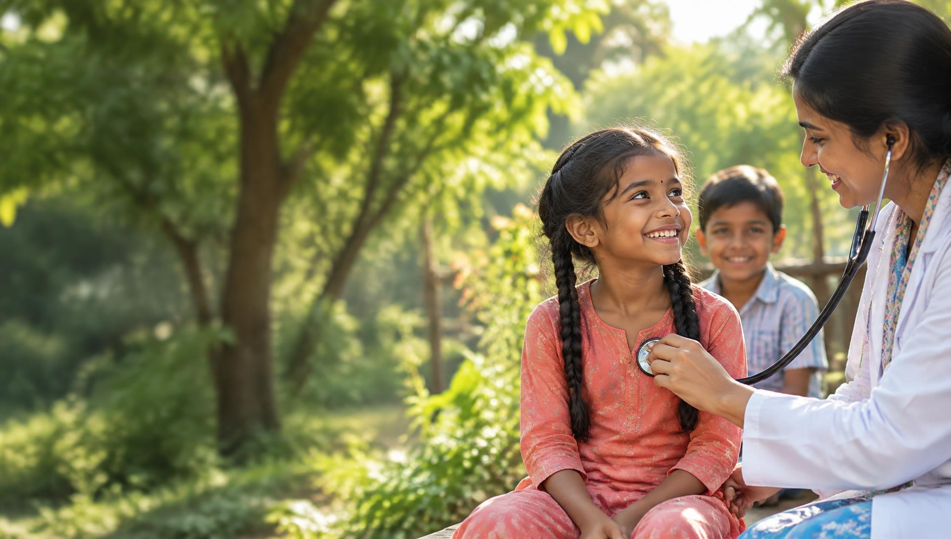 An Indian child smiling during a caring interaction with a healthcare professional