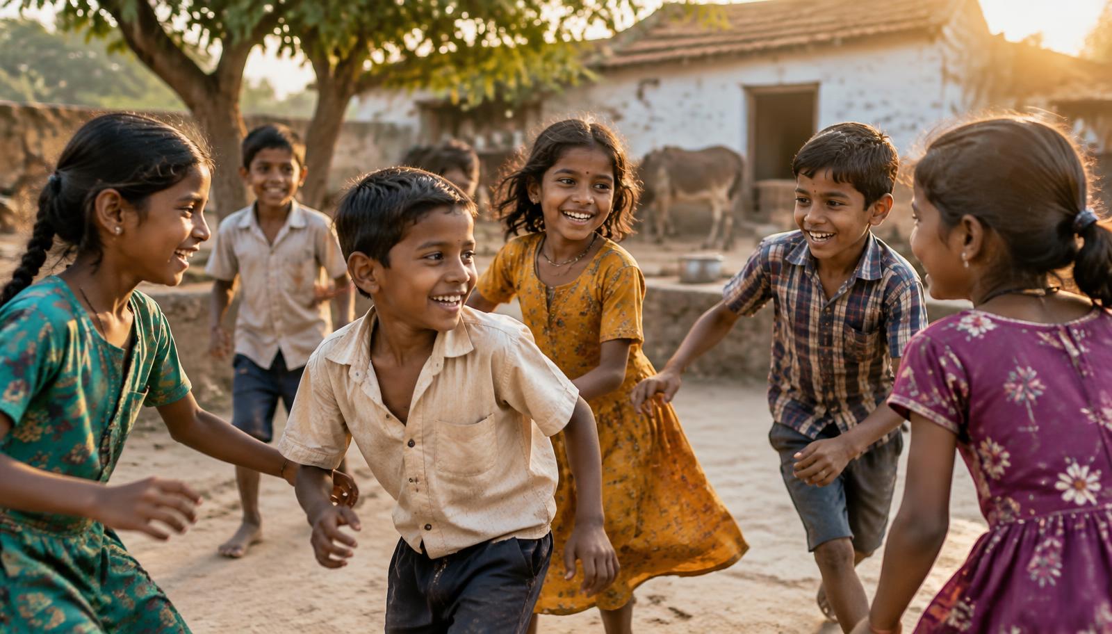 Indian children laughing and playing together in a village courtyard in late-afternoon light