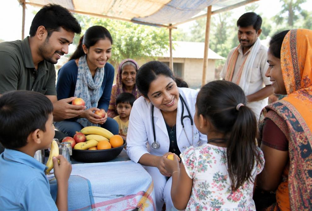 A doctor and volunteers welcoming children and families at a community health outreach