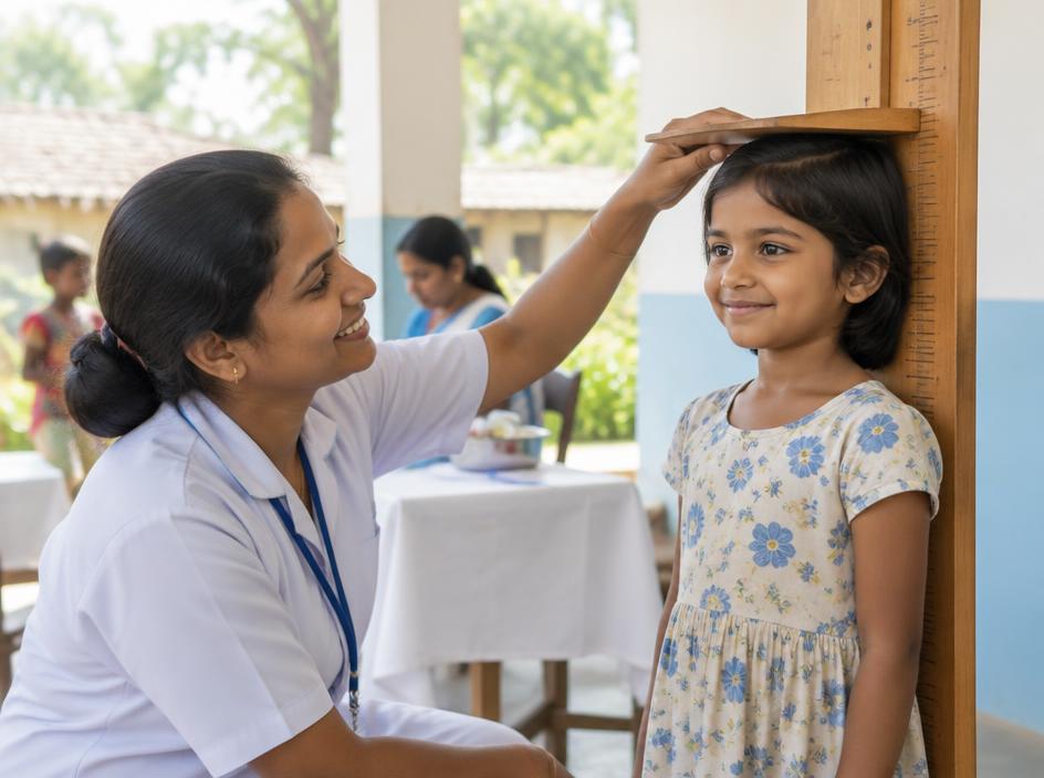 A community health worker measuring the height of a smiling Indian girl at a health camp