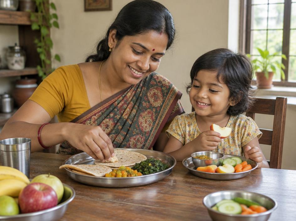 An Indian mother and her young daughter sharing a nutritious meal at home