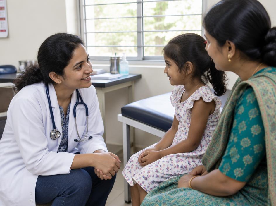 A doctor crouching to speak kindly with a young Indian girl beside her mother in a clinic
